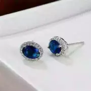 14K White Gold Plated 4.00Ct Oval Cut Lab Created Sapphire Halo Stud Earrings