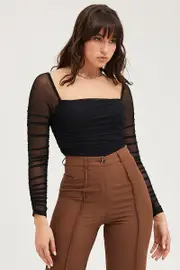 Black Bodysuit Long Sleeve Mesh - Size XS, Women's Bodysuit