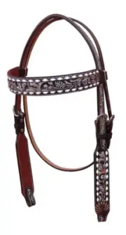 Western Black Two Tone Leather Hand Carved Headstall With Buckstitch