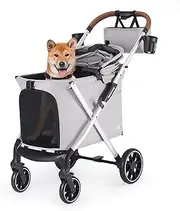 X6 Luxury Pet Stroller Dog Pram for Medium Dogs with Organizer, 4 Wheel Foldable Dog Stroller Pet Pram Dog Pushchair with Pad and Two Cup Holder, One-Second Fold Design, Grey