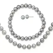 Sterl Silver Grey Cultured Pearl Stretch Bracelet Button Post Earrings Set 18"