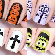 Halloween Nail Stencils 4pcs (Frankenstein's Monster, Pumpkin Topiary, Scary Tree, Gothic)