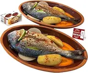 Hakan Bergama Handmade Oval Clay Pan Set of 2, Terracotta 6.2 x 11.6 x 1.5-inch Large 25.3 Oz Glazed Inside Casserole Dishes for Oven Cooking, Traditional Earthenware Portuguese Cookware in Box 750 cc