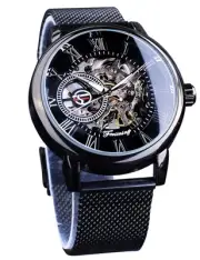 Black Mechanical Watch for Men Minimalist Retro Design Staempunk Mechanical S...
