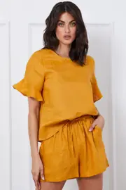 Yellow Tie Up Linen Shorts Paper Bag Linen - Size 8, Women's Hw Short