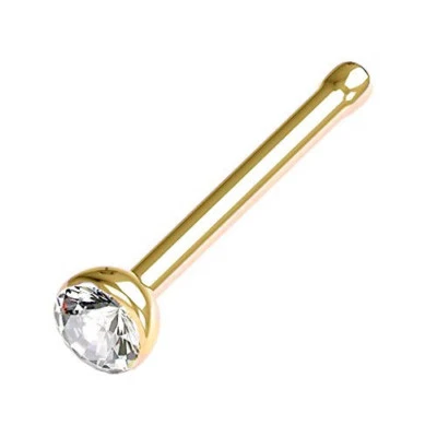 18G GOLD Steel 2MM PRESS FIT CZ CLEAR GEM NOSE STUD BONE RING nostril PIERCING