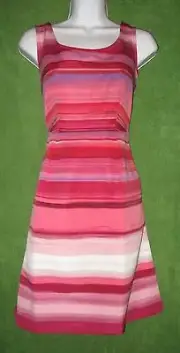 Ann Taylor Loft Pink Multi-color Stripe Ribbed Satin Pocket Tea Dress 8 $99