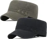 [CZSHEYDOKI] 2 Pack Men's Cotton Military Caps Cadet Army Caps Vintage Flat Top Cap