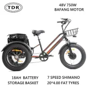 48V 750W Bafang Motor 3 Wheel Electric Tricycle 7 Speeds Shimano Fat Tyre Kenda
