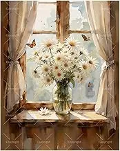 Window Scenery Paint by Numbers Kit for Adults - DIY Vase of Daisies and Butterflies Painting on Canvas 16x20 Inches, Acrylic Paint Set for Beginners, Bright Art for Home Decoration or Gifts