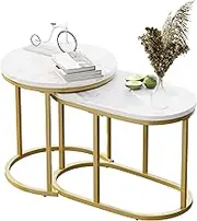 Nesting Coffee Table Set of 2, Side Table Gold Metal Frame Oval, Round White Marble Wood Table, Nightstand Table Modern Living Room Tray Table