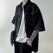 Elbow-Sleeve Plain Contrast Stitching Pocket Detail Shirt C158 - Black - L