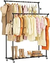 Double Rods Clothes Rack, Rolling Clothing Rack for Hanging Clothes with Hooks&Mesh Shelf, Portable Wardrobe Rack, Metal Coat Rack Sturdy Garment Rack for Bedroom Laundry Living Room Storage, Black