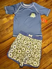 Wonder Nation Toddler Boy 4T Wave Chaser Swim Set Rash Guard Trunks Blue UPF 50+