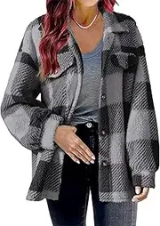 [Qolkmuiy-GJ] Womens Fuzzy Fleece Plaid Shacket Jacket Lapel Button Down Sherpa Cozy Coat Long Sleeve Plush Outwear with Pocket (Grey 2,XL), Grey 2, XL