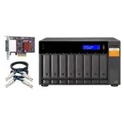 QNAP TL-D800S 8-bay desktop SATA JBOD expansion unit with a QXP-800eS-A1164 PCIe SATA host card and 2 SFF-8088 to SFF-8088 SAS/SATA 6Gb