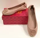 New TORY BURCH Minnie Travel Ballet Flat shoes, Embossed Leather Size 8