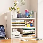 Hbluefat 3-Tier Desktop Bookshelf, Small Wood Countertop Bookcase Desk Organizer Literature CD Photo Display Storage Rack for Home Office (White)