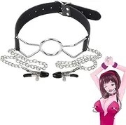 PMBNCF BDSM Metal Gag with Nipple Clamps Nipple Sex SM Leather Mouth Gag Nipple Clamps Nipple Clip Chain Breast Role Play Adjustable Gag Sex Toys for Couples