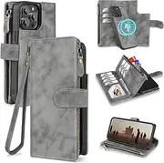 CASEOWL iPhone 14 Pro Max Case Wallet [Support Magsafe Charger] Magnetic Detachable Flip Leather Wallet Phone Case with 10 Card Slots[RFID Blocking], Zipper Pocket, Stand, Strap for Women Men,Gray