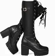 [SeiteHuud] Women Fashion Platform Block Heels Knee High Boots Lace up