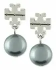 Tory Burch Women's Silvetone Double T Logo Pearl Drop Earrings