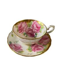 在飛比找Yahoo!奇摩拍賣優惠-英國手繪tuscan粉色三朵大玫瑰鎏金骨瓷杯盤