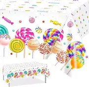 [PHOGARY] Sweet Candyland Tablecloth, 1 Pack Candies Theme Plastic Table Cover, Two Sweet Birthday Table Cloths Colorful Lollipop Tablecovers for Girls Party Candy Land Party Decoration - 51" x 87"