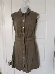 White House Black Market 8 Army Green Lyocell Utility Cap Sleeve Snap Up Dress