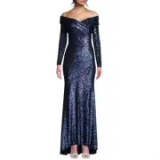 Donna Karan Women Dress Size 14 Blue Sequin Stretch Off Shoulder Gown New