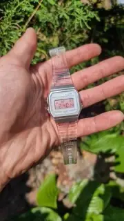 Strawberry Clear – Modified Watch Based on Casio F-91W – Transparent White Case