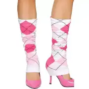 Argyle Leg Warmers Knit White Pink Costume Retro 80s School Girl Uniform LW105