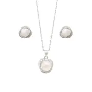 Synthetic Pearl Stud Earrings and Necklace With Cubic Zirconia Set in Sterling Silver