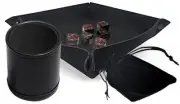 (6) Marbleized Charcoal Dice Red Pips w/Pouch + Dice Rolling Tray + Dice Cup