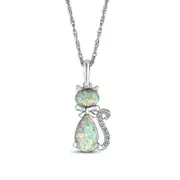 Pear-Shaped and Sideways Oval Lab-Created Opal and Diamond Accent Cat Pendant in Sterling Silver