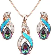 [Hermosa] Jewelry Sets Australian Opal Blue Sapphire Necklace Earrings