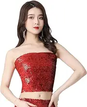 [rockible] Shimmering Sequin Belly Dance Crop Top for Women - Festive Red