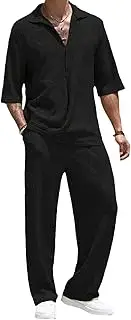 [NAKEAH] Men's Casual Tracksuit Set Spring Summer Solid Color Fashion Loose V Neck Half Sleeve Shirt & Pants Two Piece Set