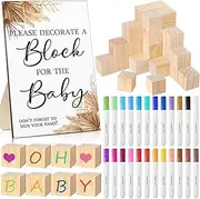 Tatuo 75 Pcs Boho Baby Shower Party Decorate a Block Games Kit Including Decorate Games Sign 50 DIY Wooden Block 24 Paint Marker Pen Baby Shower Prize for Gender Reveal Party Gift
