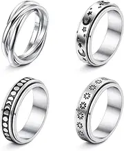 [FUNRUN JEWELRY] 4-6Pcs Stainless Steel Spinner Ring for Women Mens Fidget Band Rings Moon Star Celtic Stress Relieving Wide Wedding Promise Rings Set