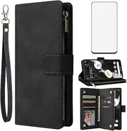 [Asuwish] Compatible with Google Pixel 8 Pro 5G Wallet Case and Tempered Glass Screen Protector Leather Flip Cover Card Holder Cell Accessories Phone Cases for Pixel8Pro Pixel8 XL Eight 8Pro Women Black