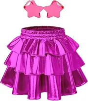 [Perfashion] Girls' Sparkle Metallic Skirts Layers Ruffle Sequin Tutu Dance Skirt with Sunglasses for Kids 6-15 Years