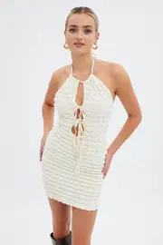 Beige Textured Mini Dress Backless - Size 10, Women's Bodycon Dress
