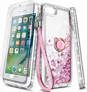 NGB Supremacy Compatible with iPhone 8 Plus Case, iPhone 7 Plus/6 Plus/6S Plus with Tempered Glass Screen Protector & Ring Holder & Lanyard, Girls Women Kids Glitter Liquid Sparkle Cover, Rose Gold