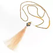Hamsa Long Beaded Cream Beige Wood Beads Tassel Fatima Pendant Necklace, 30"