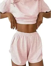 [Generic] Split Short Pajama Set, Two Piece Set Striped Print Drop Shoulder Tee Wrap Crew Neck Crop Lounge Shorts
