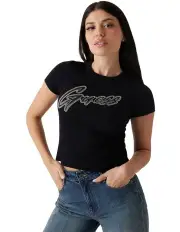 [Guess] Short Sleeve Crew Neck Rib Logo Tee in Black