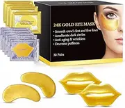 Eye Lip Mask Set -20pcs Under Eye Patches,10pcs Gold Lip Mask -24K Gold Crystal Eye Lip Pads Treatment for Dry Lip,Dark Circles Eyes Moisturizing, Hydrating(Gold Eye Lip Mask Se)