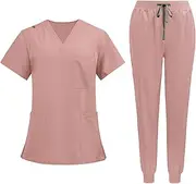 [Vaveren] Uniforms Scrub Set Workwear Nurse Top and Pants with Pockets Womens Work Clothing Short Sleeve Work Suit for Beauty Salon SPA