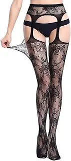 [changyexi] Floral Lace Thigh High Stockings with Garter Belt, Black Fishnet Pattern,thigh highs for garters,fish net stockings, Black, One Size